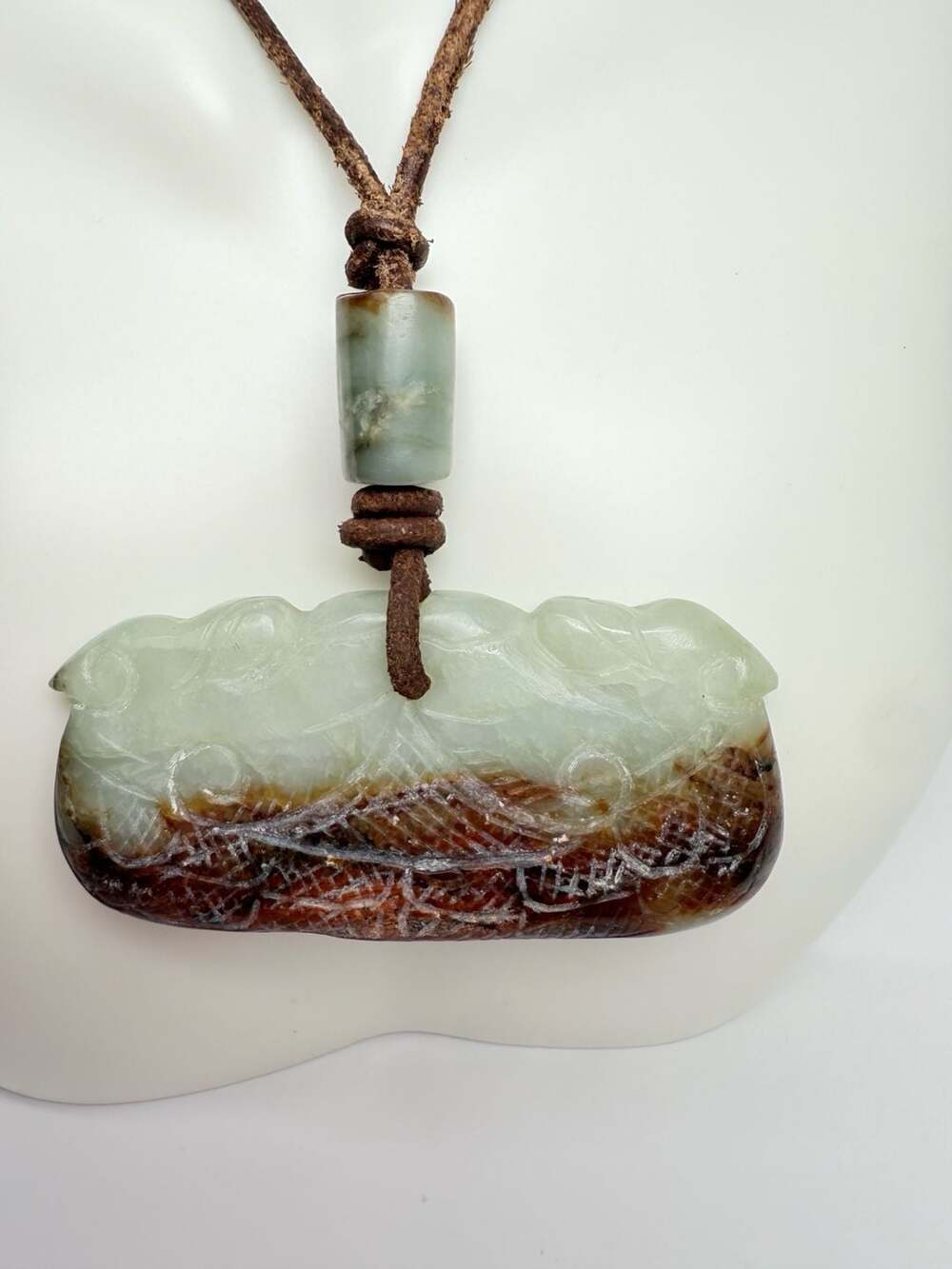 Hand Carved Green and Brown Jadeite Dragon Pendant Necklace
